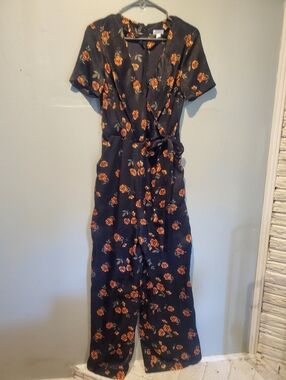 Xhiliration Elegant Black Floral Wrap Front Jumpsuit with Tie Waist Size Small